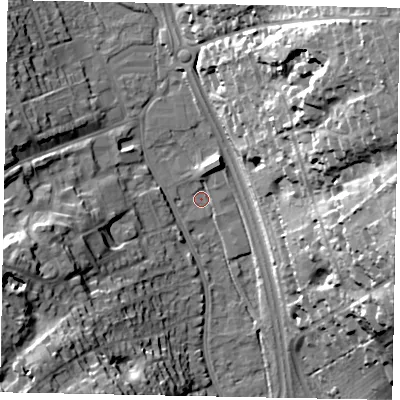 Shaded relief map of the ground around SL99UL, computed from Environment Agency LiDAR. The ground here sits at about 59 m above sea level and falls 37 m across the surrounding 800 m. Surface water reaching this point runs off ground lying to the north-east, 35.8 m higher.