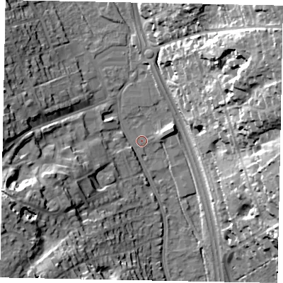 Shaded relief map of the ground around SL99YZ, computed from Environment Agency LiDAR. The ground here sits at about 59 m above sea level and falls 36 m across the surrounding 800 m. Surface water reaching this point runs off ground lying to the north-east, 35.0 m higher.