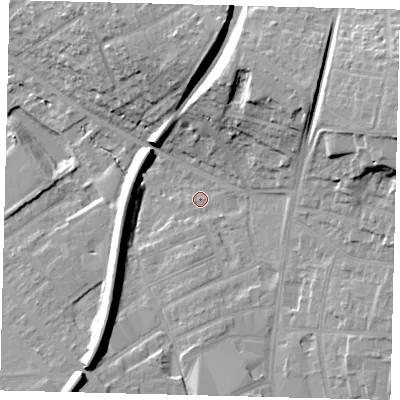Shaded relief map of the ground around SM11QU, computed from Environment Agency LiDAR. The ground here sits at about 32 m above sea level and falls 25 m across the surrounding 800 m. Surface water reaching this point runs off ground lying to the east-north-east, 19.9 m higher.