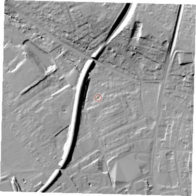 Shaded relief map of the ground around SM11QX, computed from Environment Agency LiDAR. The ground here sits at about 31 m above sea level and falls 25 m across the surrounding 800 m. Surface water reaching this point runs off ground lying to the south-south-east, 2.2 m higher.