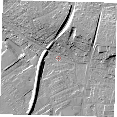 Shaded relief map of the ground around SM11QY, computed from Environment Agency LiDAR. The ground here sits at about 31 m above sea level and falls 25 m across the surrounding 800 m. Surface water reaching this point runs off ground lying to the east-north-east, 21.1 m higher.