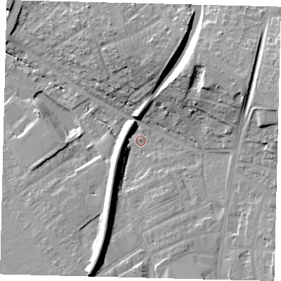 Shaded relief map of the ground around SM11QZ, computed from Environment Agency LiDAR. The ground here sits at about 30 m above sea level and falls 25 m across the surrounding 800 m. Surface water reaching this point runs off ground lying to the east-north-east, 20.6 m higher.