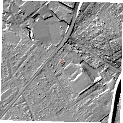 Shaded relief map of the ground around SM12BF, computed from Environment Agency LiDAR. The ground here sits at about 28 m above sea level and falls 22 m across the surrounding 800 m. Surface water reaching this point runs off ground lying to the south-south-east, 7.7 m higher.