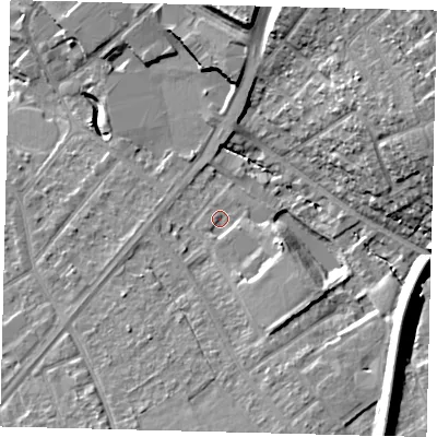 Shaded relief map of the ground around SM12BZ, computed from Environment Agency LiDAR. The ground here sits at about 28 m above sea level and falls 22 m across the surrounding 800 m. Surface water reaching this point runs off ground lying to the south-east, 5.3 m higher.