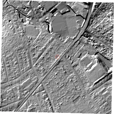 Shaded relief map of the ground around SM12NB, computed from Environment Agency LiDAR. The ground here sits at about 30 m above sea level and falls 20 m across the surrounding 800 m. Surface water reaching this point runs off ground lying to the south-south-west, 2.4 m higher.