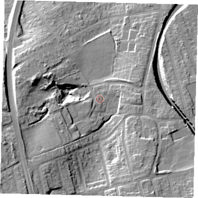 Shaded relief map of the ground around SM12NF, computed from Environment Agency LiDAR. The ground here sits at about 44 m above sea level and falls 25 m across the surrounding 800 m. Surface water reaching this point runs off ground lying to the south-west, 16.0 m higher.