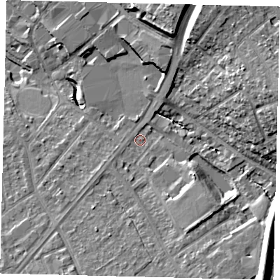 Shaded relief map of the ground around SM12NU, computed from Environment Agency LiDAR. The ground here sits at about 28 m above sea level and falls 22 m across the surrounding 800 m. Surface water reaching this point runs off ground lying to the east-north-east, 19.8 m higher.