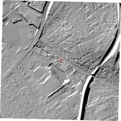 Shaded relief map of the ground around SM12PS, computed from Environment Agency LiDAR. The ground here sits at about 28 m above sea level and falls 22 m across the surrounding 800 m. Surface water reaching this point runs off ground lying to the east, 20.4 m higher.