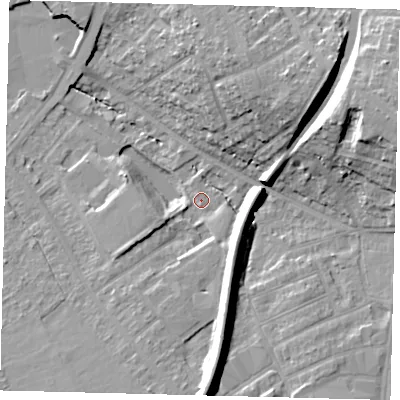 Shaded relief map of the ground around SM12PT, computed from Environment Agency LiDAR. The ground here sits at about 29 m above sea level and falls 22 m across the surrounding 800 m. Surface water reaching this point runs off ground lying to the south-south-west, 8.5 m higher.