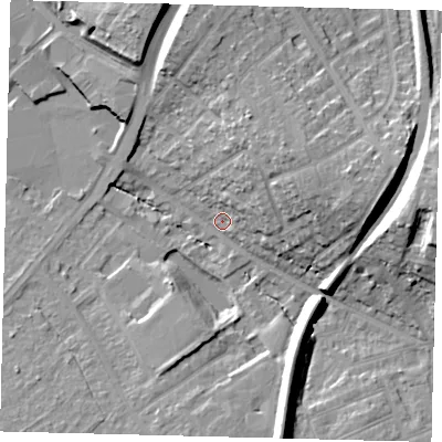 Shaded relief map of the ground around SM12PU, computed from Environment Agency LiDAR. The ground here sits at about 30 m above sea level and falls 22 m across the surrounding 800 m. Surface water reaching this point runs off ground lying to the north-east, 12.0 m higher.