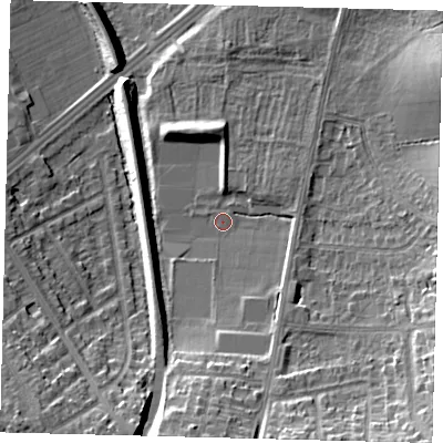 Shaded relief map of the ground around SM13HH, computed from Environment Agency LiDAR. The ground here sits at about 33 m above sea level and falls 18 m across the surrounding 800 m. Surface water reaching this point runs off ground lying to the north-east, 15.7 m higher.