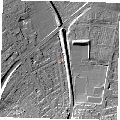 Shaded relief map of the ground around SM13JF, computed from Environment Agency LiDAR. The ground here sits at about 33 m above sea level and falls 15 m across the surrounding 800 m. Surface water reaching this point runs off ground lying to the south-south-west, 12.3 m higher.