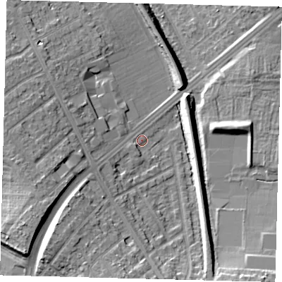 Shaded relief map of the ground around SM13JR, computed from Environment Agency LiDAR. The ground here sits at about 34 m above sea level and falls 15 m across the surrounding 800 m. Surface water reaching this point runs off ground lying to the south-west, 5.1 m higher.