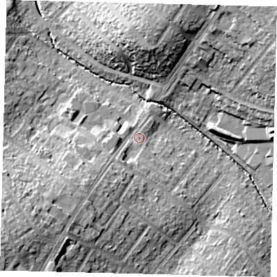 Shaded relief map of the ground around SM39BJ, computed from Environment Agency LiDAR. The ground here sits at about 24 m above sea level and falls 21 m across the surrounding 800 m. Surface water reaching this point runs off ground lying to the south-west, 13.1 m higher.