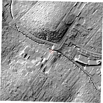 Shaded relief map of the ground around SM39DR, computed from Environment Agency LiDAR. The ground here sits at about 23 m above sea level and falls 22 m across the surrounding 800 m. Surface water reaching this point runs off ground lying to the north-east, 19.4 m higher.
