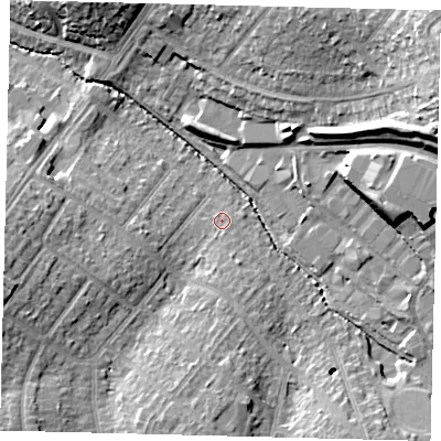 Shaded relief map of the ground around SM39EA, computed from Environment Agency LiDAR. The ground here sits at about 23 m above sea level and falls 25 m across the surrounding 800 m. Surface water reaching this point runs off ground lying to the south-south-east, 2.8 m higher.