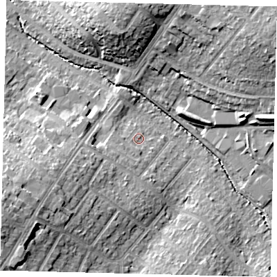 Shaded relief map of the ground around SM39EB, computed from Environment Agency LiDAR. The ground here sits at about 24 m above sea level and falls 21 m across the surrounding 800 m. Surface water reaching this point runs off ground lying to the south-west, 3.6 m higher.