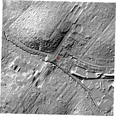 Shaded relief map of the ground around SM39HX, computed from Environment Agency LiDAR. The ground here sits at about 26 m above sea level and falls 21 m across the surrounding 800 m. Surface water reaching this point runs off ground lying to the north-east, 15.5 m higher.