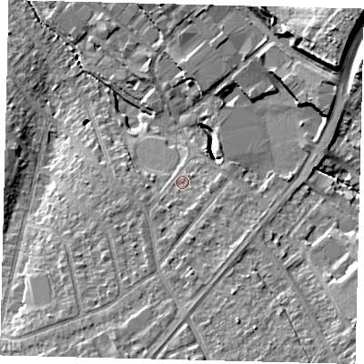 Shaded relief map of the ground around SM39QJ, computed from Environment Agency LiDAR. The ground here sits at about 28 m above sea level and falls 22 m across the surrounding 800 m. Surface water reaching this point runs off ground lying to the south-south-west, 3.3 m higher.