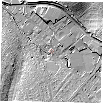 Shaded relief map of the ground around SM39QL, computed from Environment Agency LiDAR. The ground here sits at about 26 m above sea level and falls 22 m across the surrounding 800 m. Surface water reaching this point runs off ground lying to the north-north-east, 17.8 m higher.