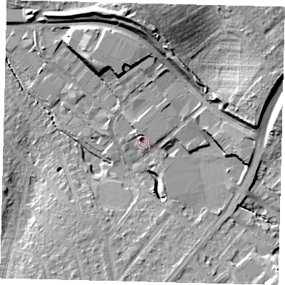 Shaded relief map of the ground around SM39QN, computed from Environment Agency LiDAR. The ground here sits at about 27 m above sea level and falls 24 m across the surrounding 800 m. Surface water reaching this point runs off ground lying to the north-east, 3.9 m higher.