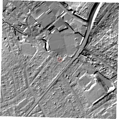 Shaded relief map of the ground around SM39QQ, computed from Environment Agency LiDAR. The ground here sits at about 28 m above sea level and falls 22 m across the surrounding 800 m. Surface water reaching this point runs off ground lying to the north-east, 19.1 m higher.