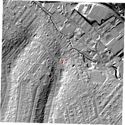 Shaded relief map of the ground around SM39QZ, computed from Environment Agency LiDAR. The ground here sits at about 24 m above sea level and falls 21 m across the surrounding 800 m. Surface water reaching this point runs off ground lying to the south-east, 8.6 m higher.