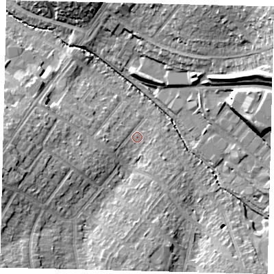 Shaded relief map of the ground around SM39RE, computed from Environment Agency LiDAR. The ground here sits at about 23 m above sea level and falls 23 m across the surrounding 800 m. Surface water reaching this point runs off ground lying to the west-south-west, 10.0 m higher.