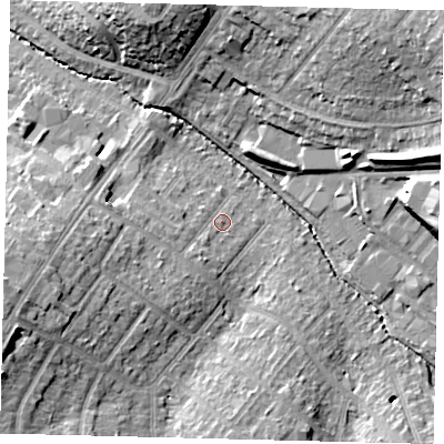 Shaded relief map of the ground around SM39RH, computed from Environment Agency LiDAR. The ground here sits at about 24 m above sea level and falls 22 m across the surrounding 800 m. Surface water reaching this point runs off ground lying to the west-south-west, 8.6 m higher.