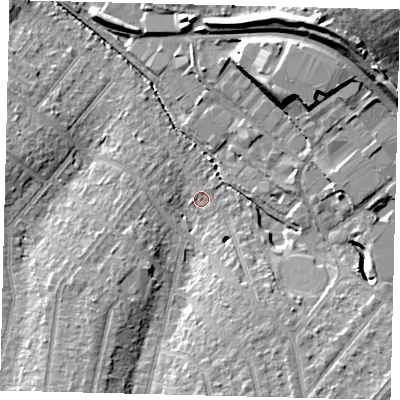 Shaded relief map of the ground around SM39RJ, computed from Environment Agency LiDAR. The ground here sits at about 24 m above sea level and falls 24 m across the surrounding 800 m. Surface water reaching this point runs off ground lying to the south-south-east, 7.9 m higher.