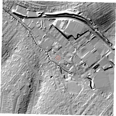 Shaded relief map of the ground around SM39RN, computed from Environment Agency LiDAR. The ground here sits at about 25 m above sea level and falls 25 m across the surrounding 800 m. Surface water reaching this point runs off ground lying to the east-south-east, 2.8 m higher.