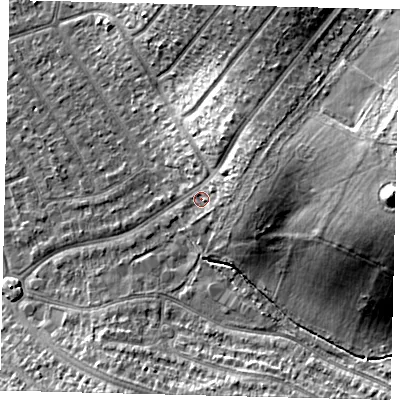 Shaded relief map of the ground around SM44BY, computed from Environment Agency LiDAR. The ground here sits at about 23 m above sea level and falls 21 m across the surrounding 800 m. Surface water reaching this point runs off ground lying to the north-east, 10.5 m higher.