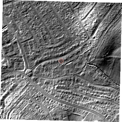 Shaded relief map of the ground around SM44BZ, computed from Environment Agency LiDAR. The ground here sits at about 21 m above sea level and falls 17 m across the surrounding 800 m. Surface water reaching this point runs off ground lying to the south, 1.2 m higher.