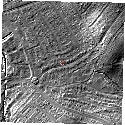 Shaded relief map of the ground around SM44EX, computed from Environment Agency LiDAR. The ground here sits at about 21 m above sea level and falls 18 m across the surrounding 800 m. Surface water reaching this point runs off ground lying to the west, 0.6 m higher.