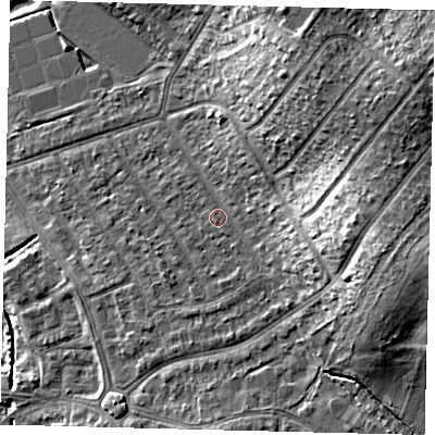 Shaded relief map of the ground around SM44JJ, computed from Environment Agency LiDAR. The ground here sits at about 20 m above sea level and falls 18 m across the surrounding 800 m. Surface water reaching this point runs off ground lying to the east, 12.3 m higher.
