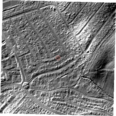 Shaded relief map of the ground around SM44JN, computed from Environment Agency LiDAR. The ground here sits at about 20 m above sea level and falls 17 m across the surrounding 800 m. Surface water reaching this point runs off ground lying to the east, 13.7 m higher.