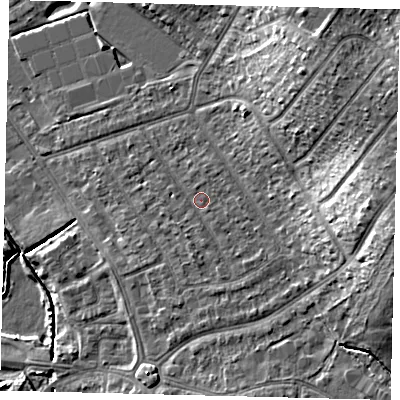 Shaded relief map of the ground around SM44JP, computed from Environment Agency LiDAR. The ground here sits at about 20 m above sea level and falls 18 m across the surrounding 800 m. Surface water reaching this point runs off ground lying to the east, 13.9 m higher.