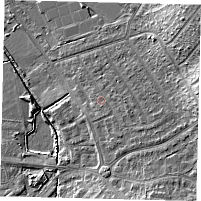 Shaded relief map of the ground around SM44JR, computed from Environment Agency LiDAR. The ground here sits at about 20 m above sea level and falls 17 m across the surrounding 800 m. Surface water reaching this point runs off ground lying to the east-south-east, 0.8 m higher.