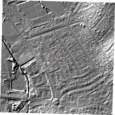 Shaded relief map of the ground around SM44JS, computed from Environment Agency LiDAR. The ground here sits at about 20 m above sea level and falls 16 m across the surrounding 800 m. Surface water reaching this point runs off ground lying to the south-east, 1.4 m higher.