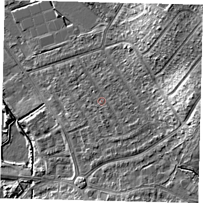Shaded relief map of the ground around SM44JW, computed from Environment Agency LiDAR. The ground here sits at about 20 m above sea level and falls 17 m across the surrounding 800 m. Surface water reaching this point runs off ground lying to the east, 12.9 m higher.