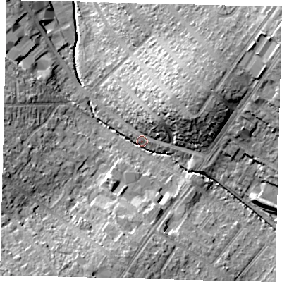 Shaded relief map of the ground around SM44JX, computed from Environment Agency LiDAR. The ground here sits at about 23 m above sea level and falls 21 m across the surrounding 800 m. Surface water reaching this point runs off ground lying to the south-south-west, 12.9 m higher.