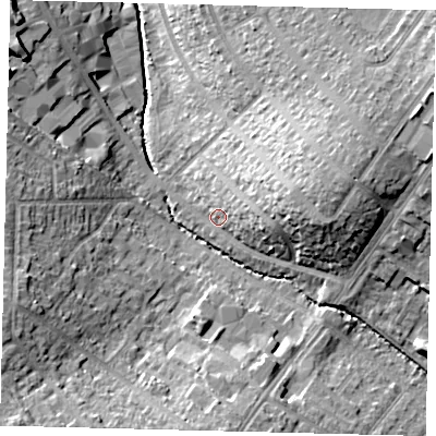 Shaded relief map of the ground around SM44JZ, computed from Environment Agency LiDAR. The ground here sits at about 23 m above sea level and falls 21 m across the surrounding 800 m. Surface water reaching this point runs off ground lying to the east, 13.0 m higher.