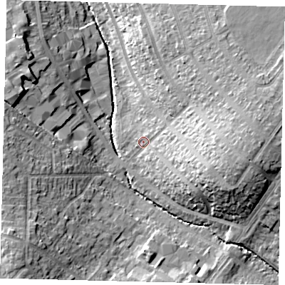 Shaded relief map of the ground around SM44LD, computed from Environment Agency LiDAR. The ground here sits at about 23 m above sea level and falls 21 m across the surrounding 800 m. Surface water reaching this point runs off ground lying to the east, 15.7 m higher.