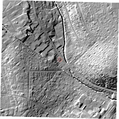 Shaded relief map of the ground around SM44LF, computed from Environment Agency LiDAR. The ground here sits at about 21 m above sea level and falls 20 m across the surrounding 800 m. Surface water reaching this point runs off ground lying to the west, 12.0 m higher.