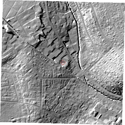 Shaded relief map of the ground around SM44LG, computed from Environment Agency LiDAR. The ground here sits at about 23 m above sea level and falls 19 m across the surrounding 800 m. Surface water reaching this point runs off ground lying to the west-south-west, 9.0 m higher.