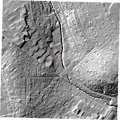 Shaded relief map of the ground around SM44LR, computed from Environment Agency LiDAR. The ground here sits at about 21 m above sea level and falls 21 m across the surrounding 800 m. Surface water reaching this point runs off ground lying to the east, 18.9 m higher.