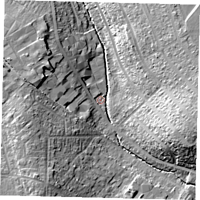 Shaded relief map of the ground around SM44LS, computed from Environment Agency LiDAR. The ground here sits at about 21 m above sea level and falls 21 m across the surrounding 800 m. Surface water reaching this point runs off ground lying to the east-south-east, 18.7 m higher.