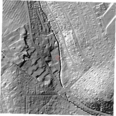 Shaded relief map of the ground around SM44LX, computed from Environment Agency LiDAR. The ground here sits at about 20 m above sea level and falls 21 m across the surrounding 800 m. Surface water reaching this point runs off ground lying to the east-south-east, 19.2 m higher.