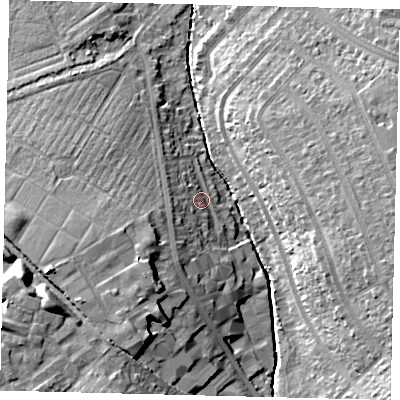Shaded relief map of the ground around SM44NN, computed from Environment Agency LiDAR. The ground here sits at about 22 m above sea level and falls 19 m across the surrounding 800 m. Surface water reaching this point runs off ground lying to the south-south-west, 6.5 m higher.