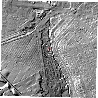 Shaded relief map of the ground around SM44NP, computed from Environment Agency LiDAR. The ground here sits at about 19 m above sea level and falls 19 m across the surrounding 800 m. Surface water reaching this point runs off ground lying to the south-east, 15.4 m higher.